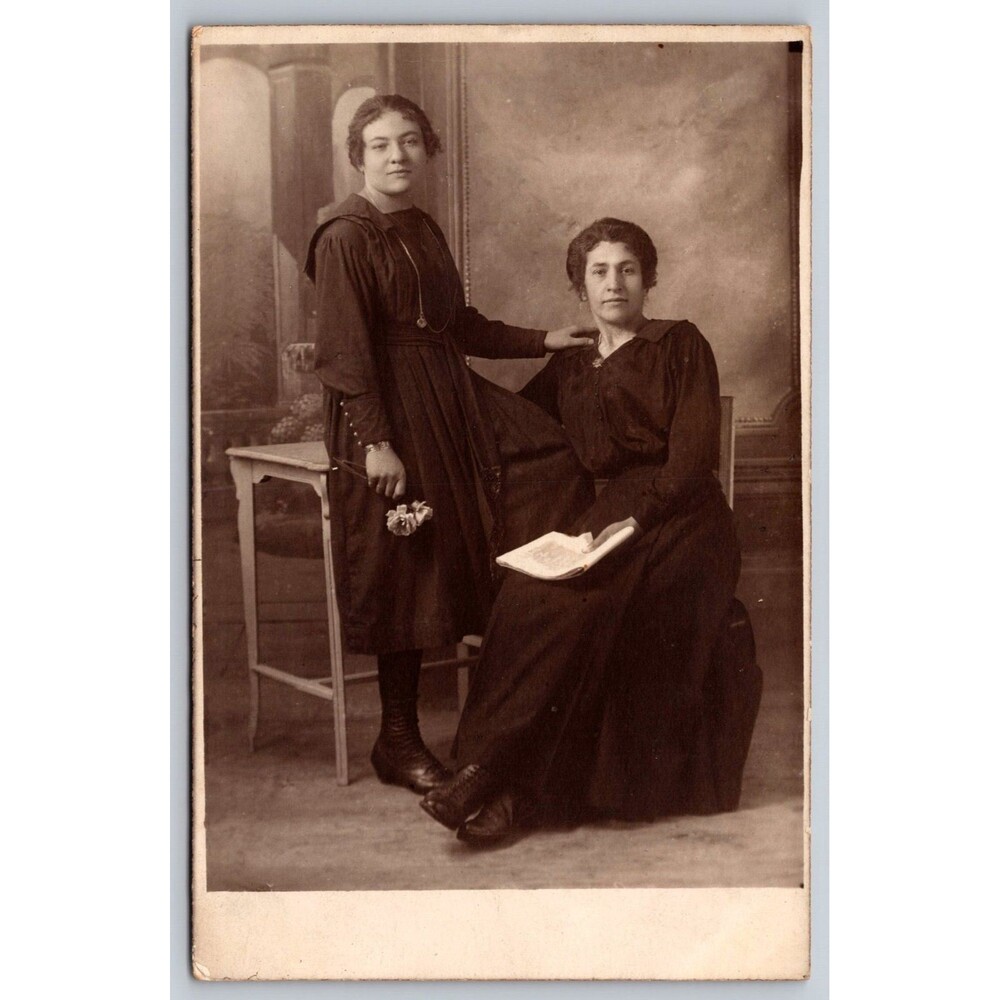 Vintage French Real Photo Postcard RPPC Two Women Fashion Studio Portrait 1910s